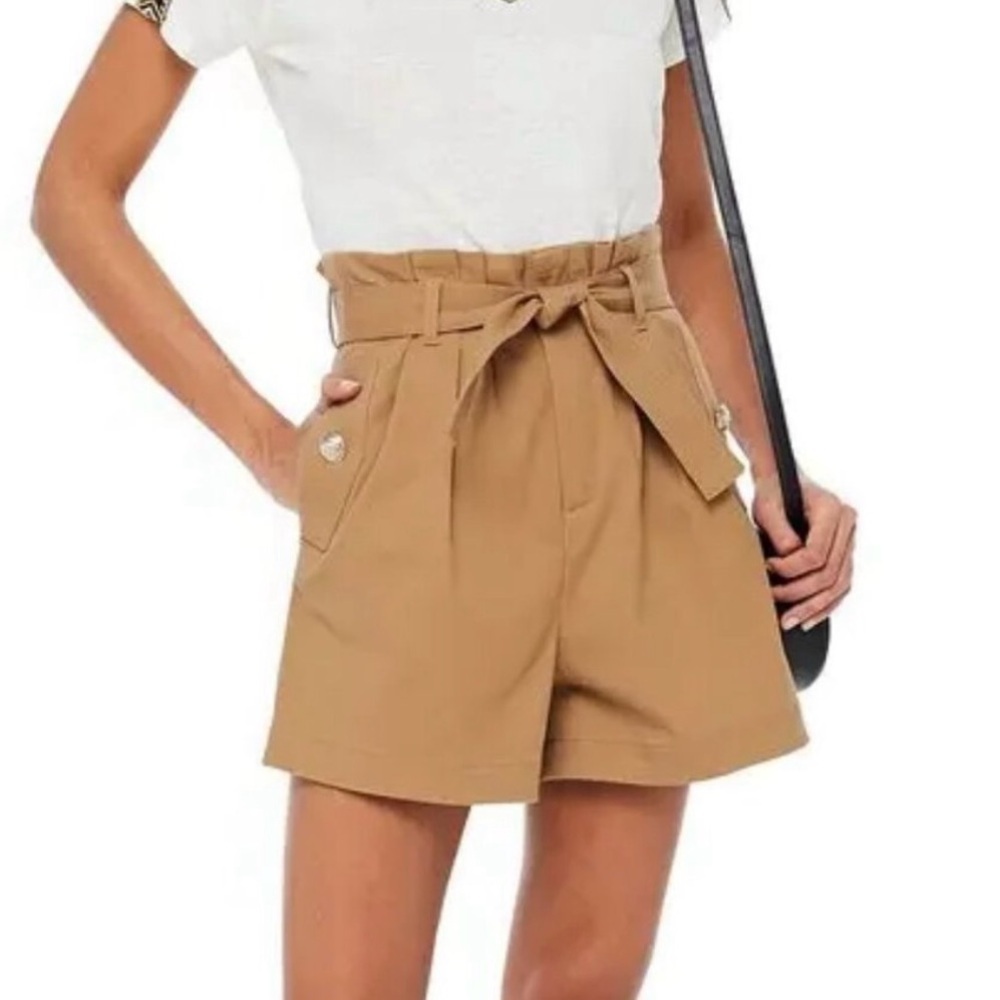 Maje High Waist Paperbag Shorts in Camel Tan